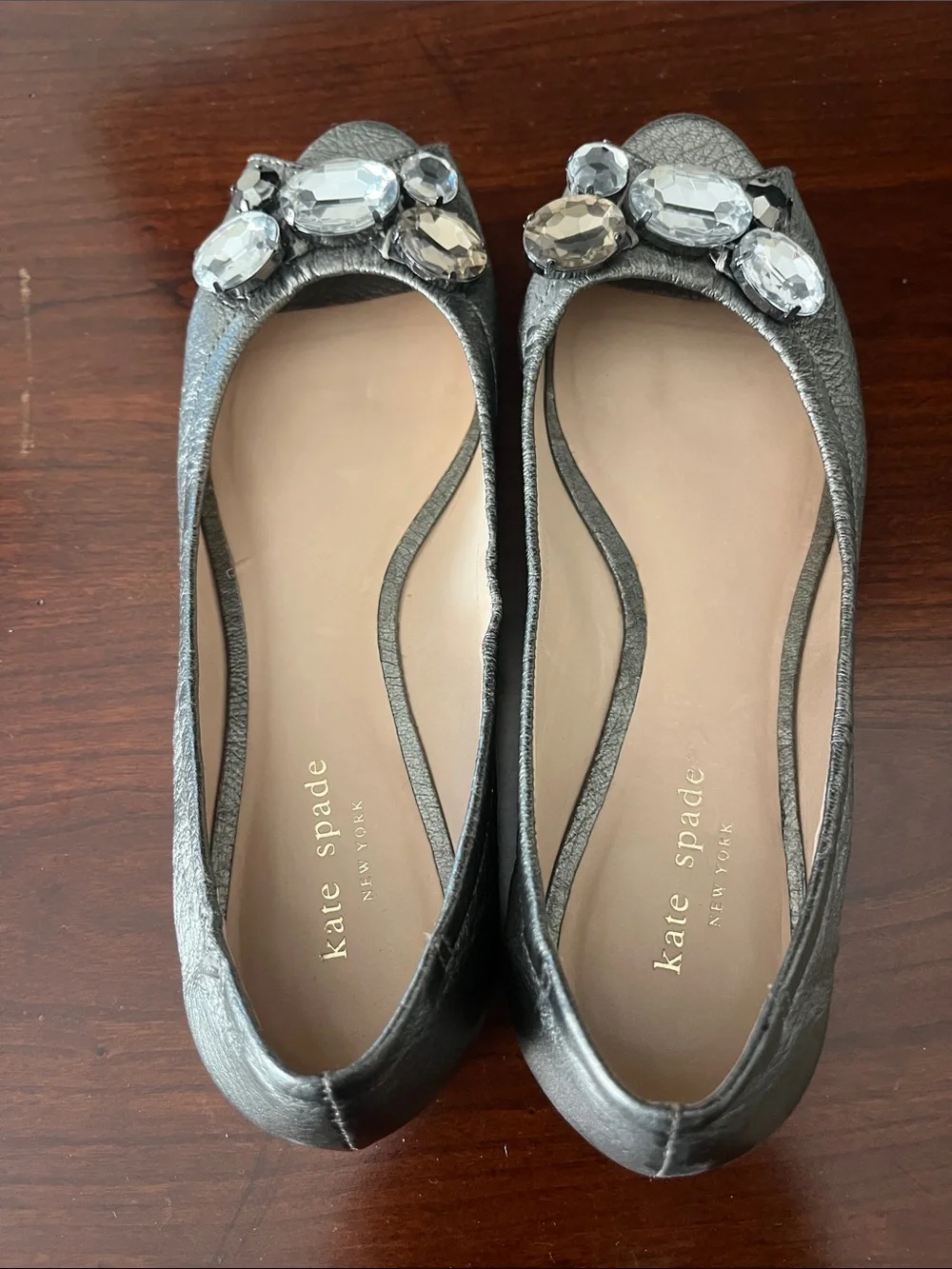 Kate Spade Silver Jeweled Peep-Toe Flats